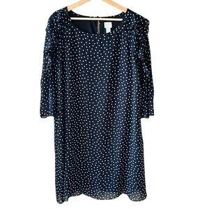Chico’s Black/White Chiffon Polkadot Shift Dress. Size 14. 3/4 Ruffle Sleeve